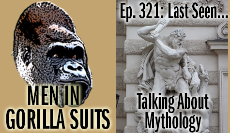 Hercules statue. Text: Men in Gorilla Suits over a gorilla head. Over Hercules: 