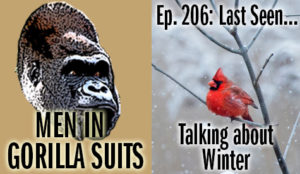 A cardinal on a branch in the snow - Men in Gorilla Suits Ep. 206: Last Seen…Talking about Winter